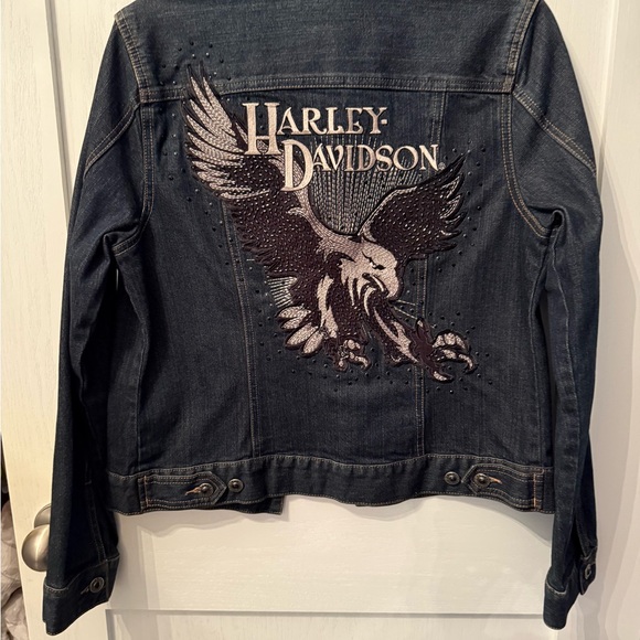 Harley Davidson rare women’s Jean jacket with rhinestone n sequins flying eagle - Picture 1 of 5